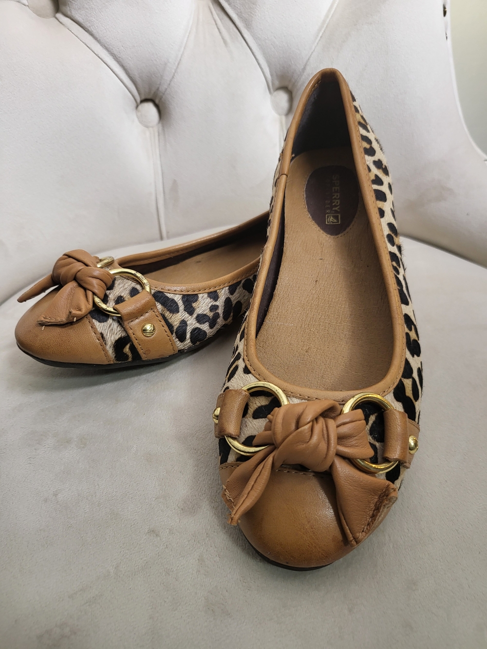 Sperry Tan Leopard-Print Leather Bow Ballet Flats